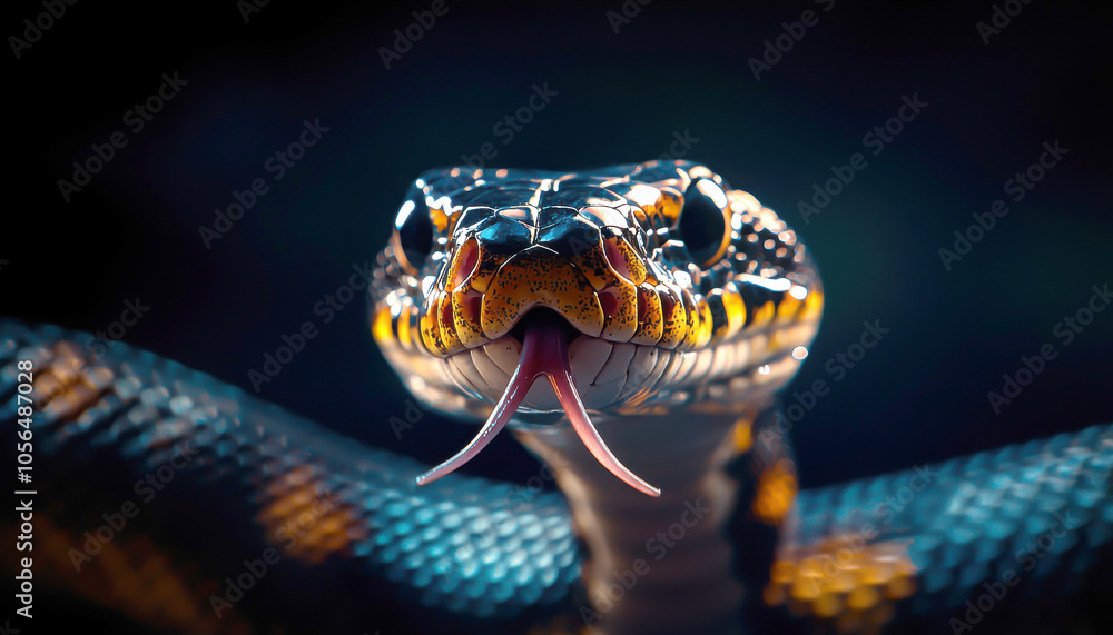 Fototapeta premium A striking close-up of a snake showcasing vibrant colors and intricate patterns, with a focus on its piercing eyes.