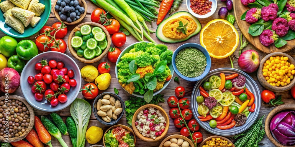 Fototapeta premium Vibrant collage showcasing healthy vegetarian dishes, abundant fresh vegetables, and succulent fruits, celebrating the beauty and diversity of plant-based cuisine in a stunning banner design.