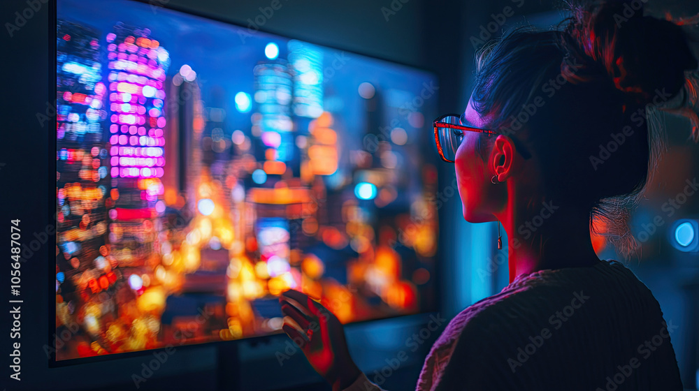 Young people watch city buildings in front of big screens Young people watch city buildings in front of big screens