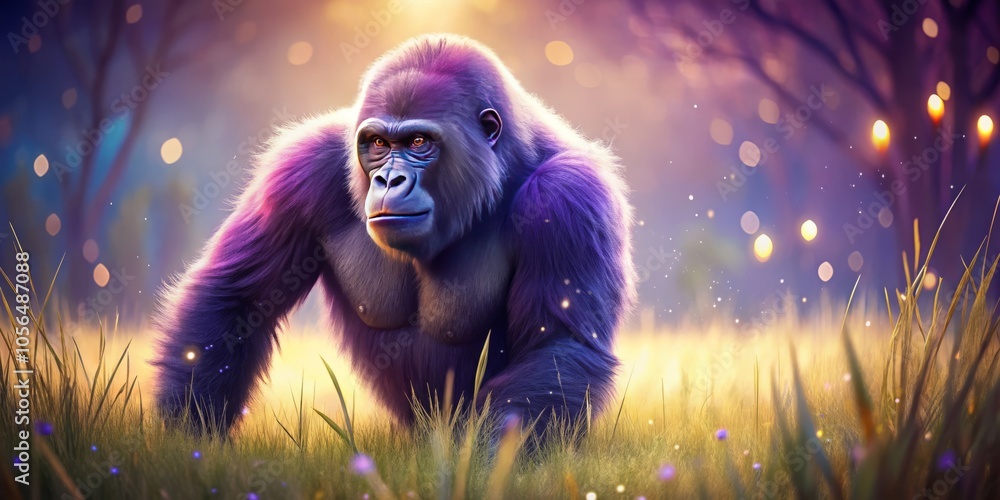 A surreal purple gorilla strides through a whimsical grass field, surrounded by a glowing atmosphere that transforms the landscape into a vibrant dreamscape of wonder. A surreal purple gorilla strides through a whimsical grass field, surrounded by a glowing atmosphere that transforms the landscape into a vibrant dreamscape of wonder.