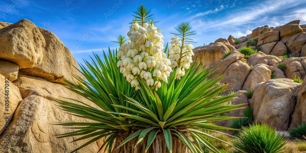 Large yucca plant with thick white flowers and sharp green leaves in a rock formation, cactus, succulent, wildflowers, rock formation, foliage Large yucca plant with thick white flowers and sharp green leaves in a rock formation, cactus, succulent, wildflowers, rock formation, foliage