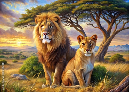 A stunning photorealistic painting of a majestic lion and lioness, beautifully framed in the rule of thirds, set against a breathtaking African landscape. Perfect for animal lovers. photo