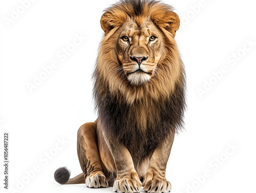 A majestic male lion with a thick mane sits facing the camera with a serious expression, isolated on a white background.