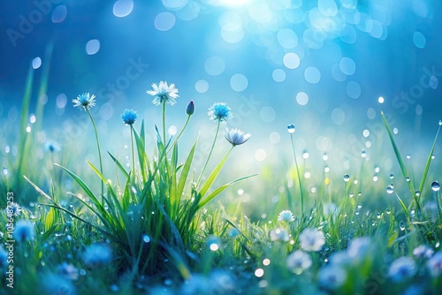 Light blue misty morning dew on a bed of green grass and flowers, peaceful ambiance, misty morning, soft focus, calming colors