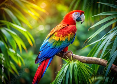 Wallpaper Mural A vibrant macaw perched in lush greenery showcases nature's colorful beauty, highlighting intricate feathers and the allure of exotic wildlife in tropical landscapes. Torontodigital.ca