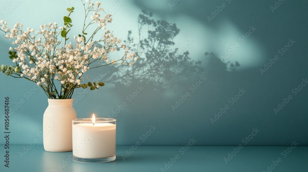 Elegant Minimalist Decor with Lit Candle and White Flowers in Vase Against Teal Background Elegant Minimalist Decor with Lit Candle and White Flowers in Vase Against Teal Background