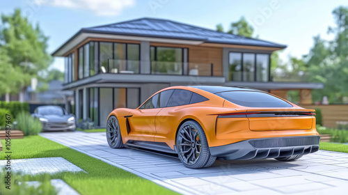 Luxury Electric Car in Modern Suburban Setting with Sustainable Architecture