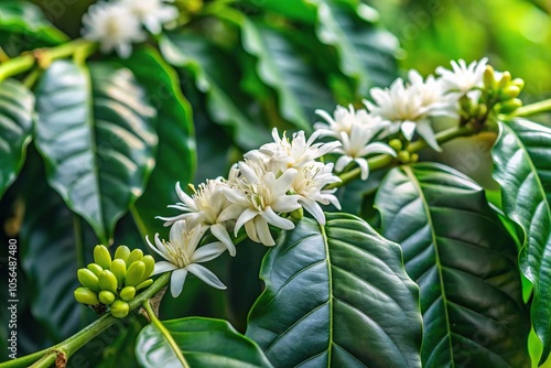 lush green coffee plant with white flowers and yellow leaves, tropical garden, botanical garden, flora, yellow leaves, leafy greens