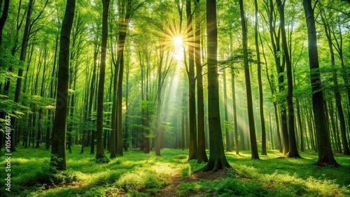 lush green forest with tall trees and sunlight filtering through the leaves, foliage patterns, vegetation, foliage photography