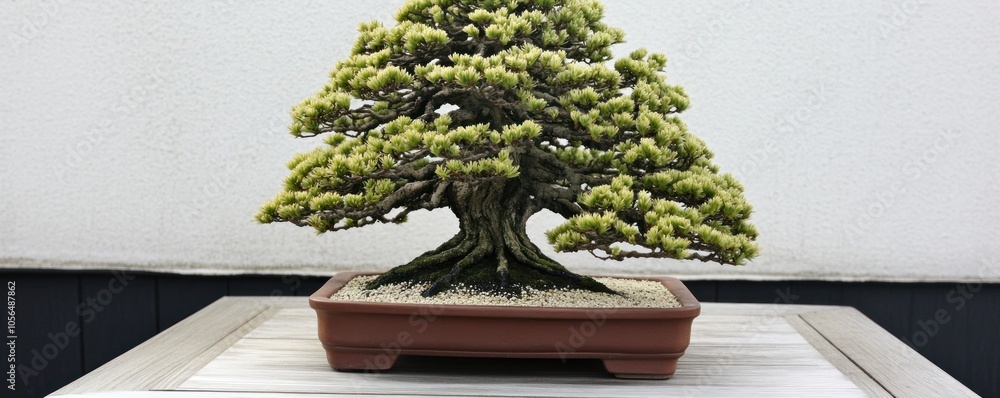 A detailed bonsai tree displayed in a pot on a wooden table against a neutral background. A detailed bonsai tree displayed in a pot on a wooden table against a neutral background.