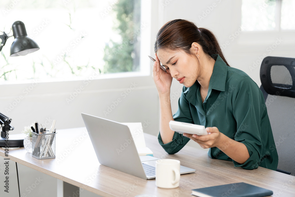 Asian women are stressed while working on laptop, Tired asian businesswoman with headache at office, feeling sick at work Asian women are stressed while working on laptop, Tired asian businesswoman with headache at office, feeling sick at work