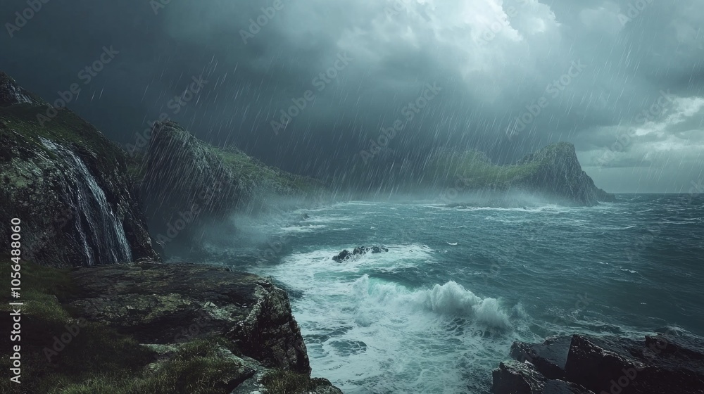 Storm clouds over a rocky coast, with strong winds and rain generative ai Storm clouds over a rocky coast, with strong winds and rain generative ai