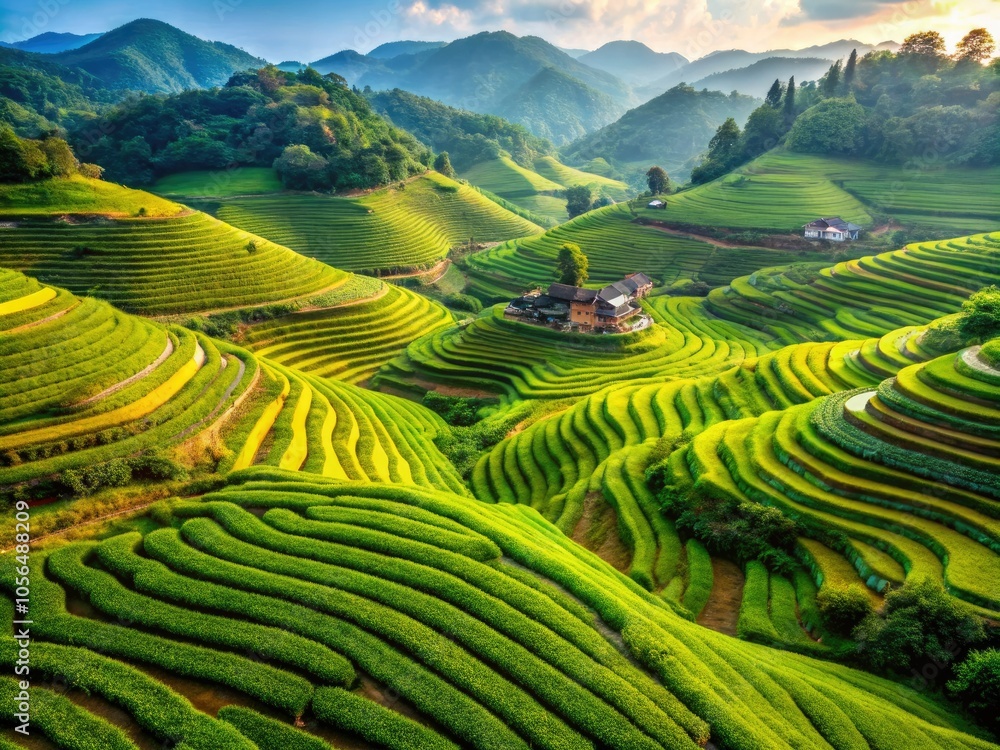 Vibrant, green tea and rice fields in China exemplify sustainable farming practices, celebrating the intricate relationship between agriculture and the natural environment. Vibrant, green tea and rice fields in China exemplify sustainable farming practices, celebrating the intricate relationship between agriculture and the natural environment.