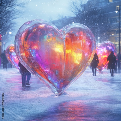 Colorful abstract hearts symbolize love in a vibrant, glassy world at night, Urban youth express themselves through colorful graffiti art on a city wall amidst the vibrant street scene photo