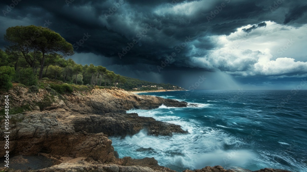 Storm clouds over a rocky coast, with strong winds and rain generative ai Storm clouds over a rocky coast, with strong winds and rain generative ai
