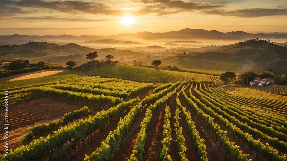 Golden Sunrise Over Rolling Vineyards Showcasing Lush Green Rows in a Tranquil Landscape Golden Sunrise Over Rolling Vineyards Showcasing Lush Green Rows in a Tranquil Landscape
