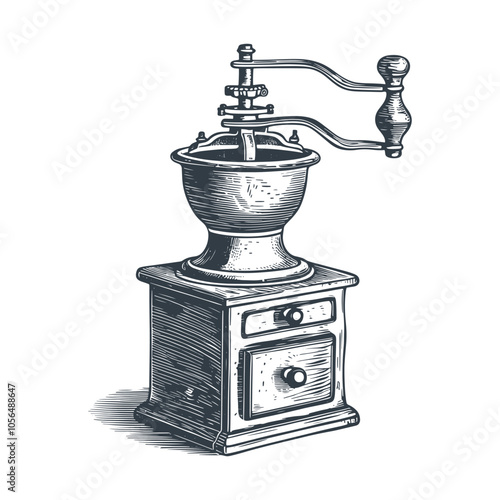 Old coffee grinder woodcut drawing vector