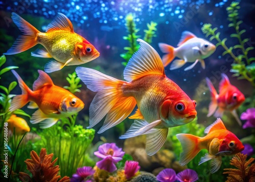 Vibrant Oranda goldfish and playful tetras glide gracefully in a colorful aquarium, creating a lively underwater scene filled with shimmering hues and joyful movement.