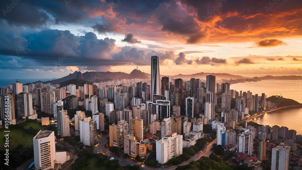 Fototapeta premium Stunning Sunset Over a Bustling City Skyline With Mountains and Coastline in the Background