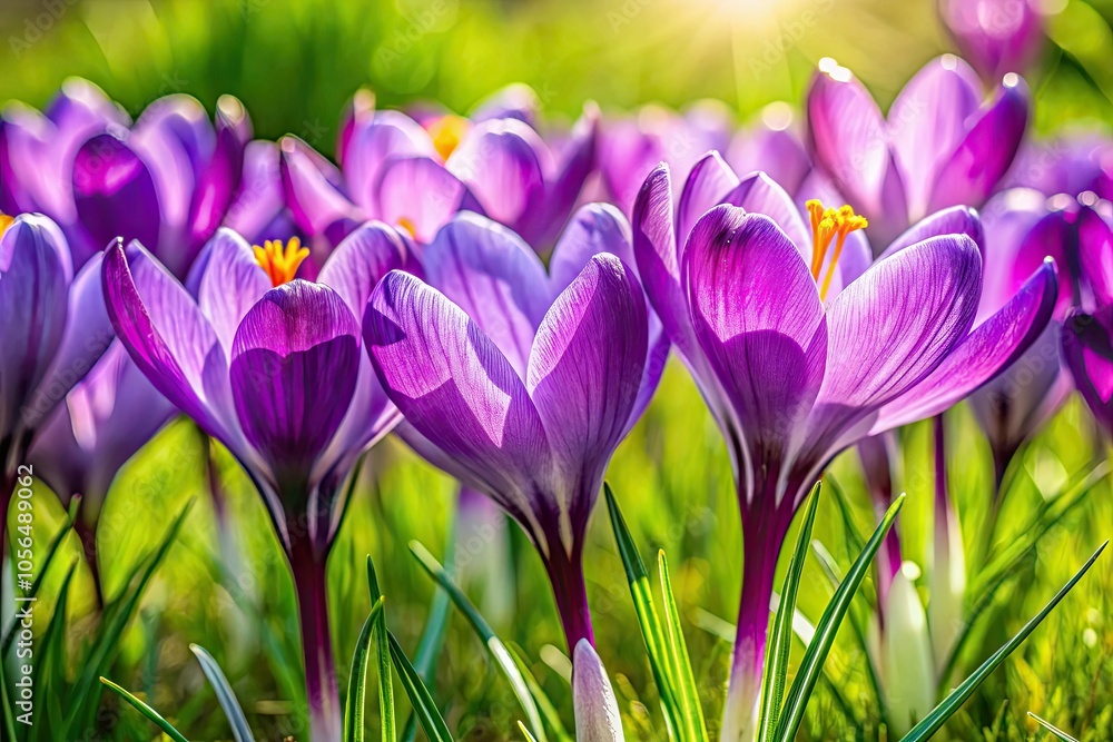 Vibrant purple crocuses bloom amid lush green grass, creating a stunning closeup view on a beautiful spring day, capturing nature's charm and seasonal beauty. Vibrant purple crocuses bloom amid lush green grass, creating a stunning closeup view on a beautiful spring day, capturing nature's charm and seasonal beauty.