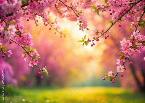 Vibrant pink flowering tree blossoms create a stunning border, beautifully contrasted with a soft, blurred background, embodying the essence and charm of springtime.