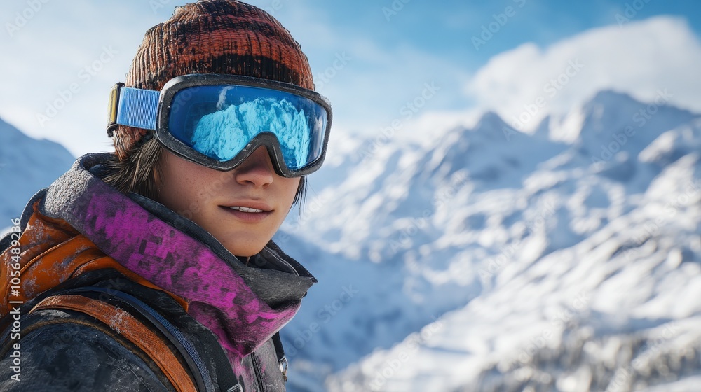 Male model showcasing a stylish ski jacket, paired with lens goggles. Positioned against a breathtaking backdrop of snowy mountains, winter sports fashion and adventure Male model showcasing a stylish ski jacket, paired with lens goggles. Positioned against a breathtaking backdrop of snowy mountains, winter sports fashion and adventure