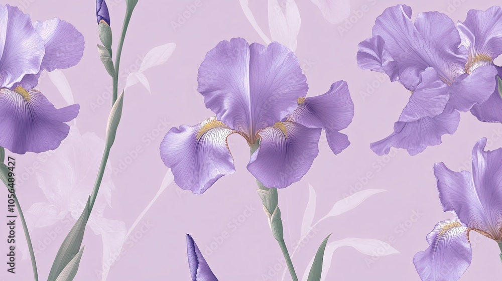 2410 24.A continuous floral pattern featuring violet irises in full bloom on a soft lilac backdrop. The delicate petals and flowing stems create a seamless design, perfect for use in wallpaper, 2410 24.A continuous floral pattern featuring violet irises in full bloom on a soft lilac backdrop. The delicate petals and flowing stems create a seamless design, perfect for use in wallpaper,