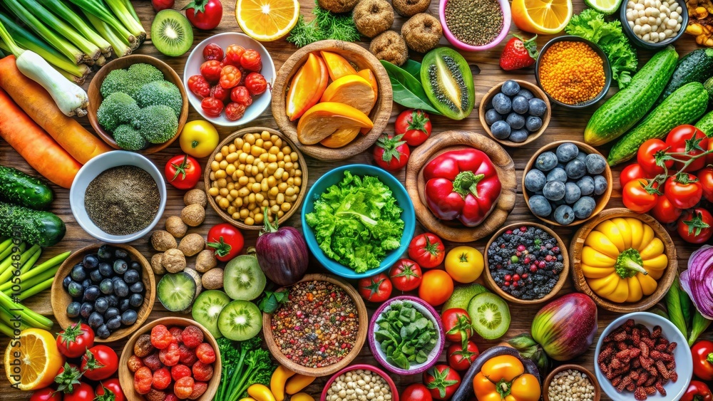 Fototapeta premium Vibrant selection of wholesome foods encourages nutritious eating and offers a variety of meal options to satisfy different tastes and dietary needs. Enjoy diverse flavors!