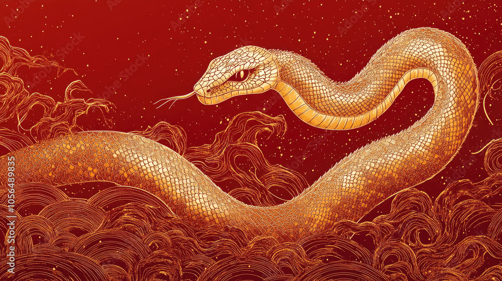 Obraz premium Snakes weaving through clouds, red lanterns, Chinese New Year