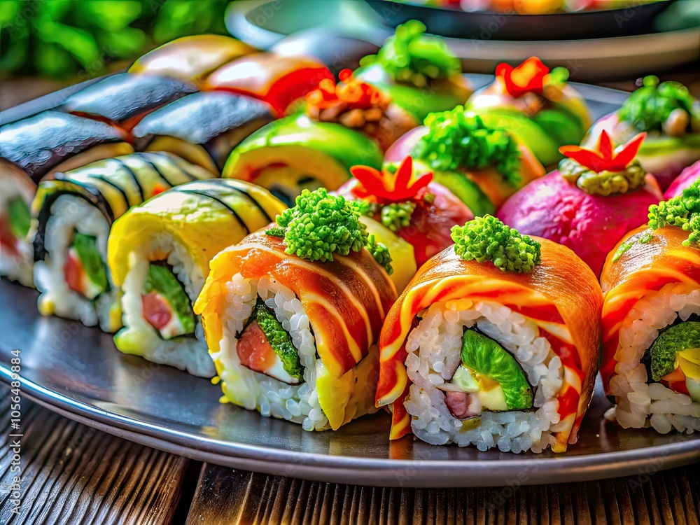 Vibrant sushi rolls artfully arranged on a plate, showcasing the exquisite flavors of Japanese cuisine, combining fresh ingredients and culinary creativity for a delightful experience. Vibrant sushi rolls artfully arranged on a plate, showcasing the exquisite flavors of Japanese cuisine, combining fresh ingredients and culinary creativity for a delightful experience.