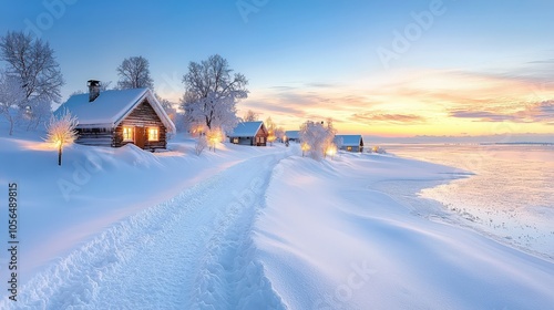 Snowy village winter scene with cozy cottages, holiday lights, and a frosty winter sky