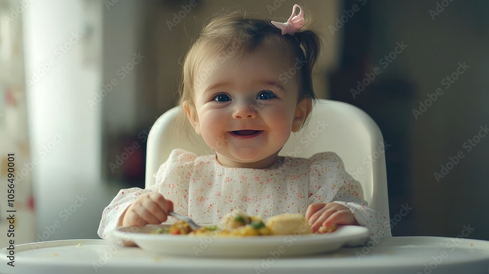 Adorable baby girl enjoying nutritious meal in high chair, smiling cheerfully at the camera Adorable baby girl enjoying nutritious meal in high chair, smiling cheerfully at the camera