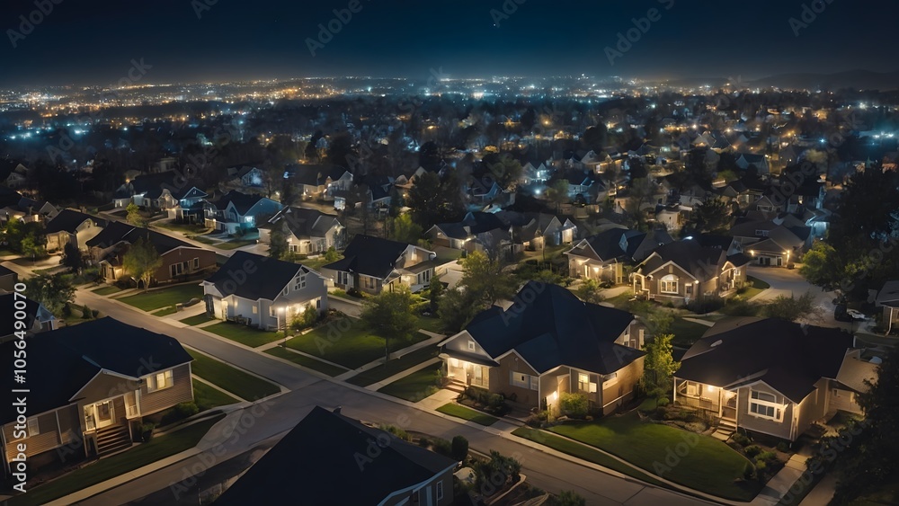 Illuminated Suburban Neighborhood at Night Showcasing Tranquil Streets and Cozy Homes Under a Starry Sky Illuminated Suburban Neighborhood at Night Showcasing Tranquil Streets and Cozy Homes Under a Starry Sky