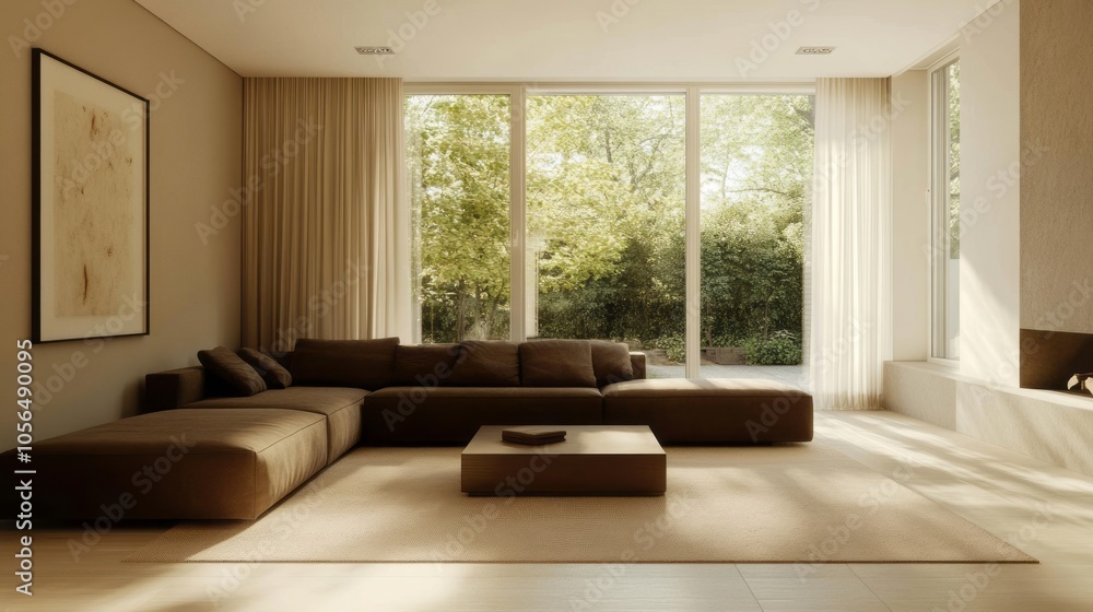 Fototapeta premium A minimalist design with soft beige walls and a dark brown L-shaped sofa