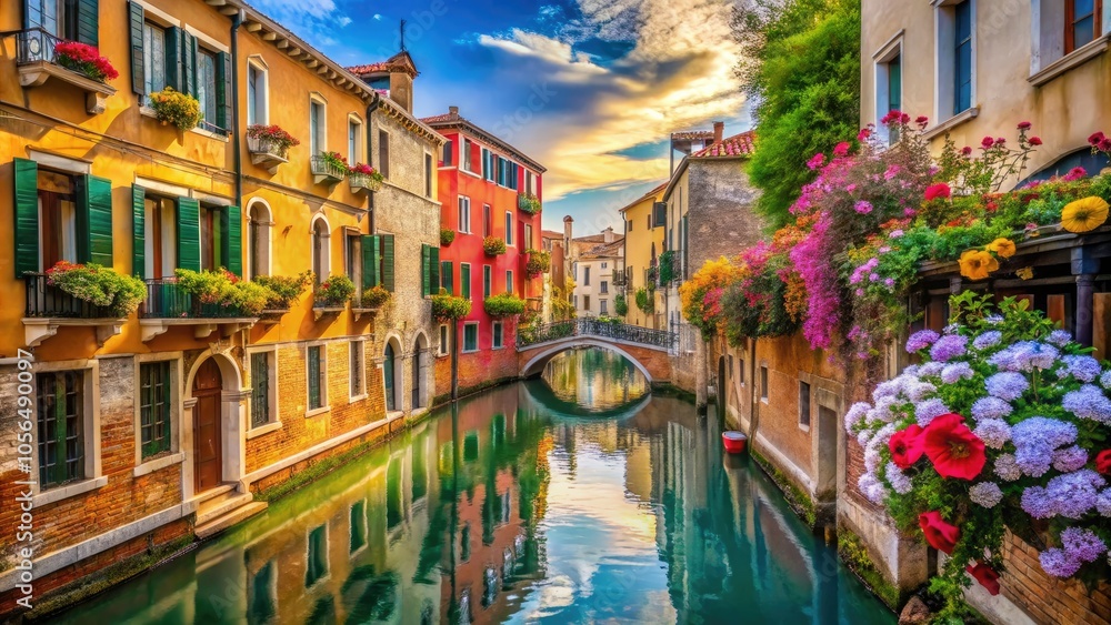 Obraz premium Vibrant Venetian buildings line a picturesque canal adorned with blooming flowers, capturing the essence of Italian charm and exquisite architectural beauty.