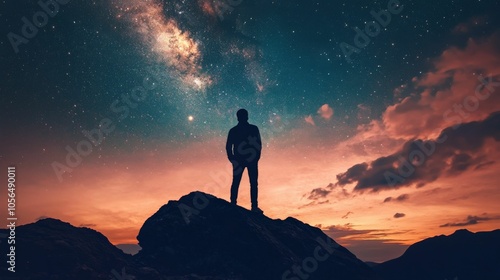 A lone man stands on a clifftop gazing at the starry night sky.