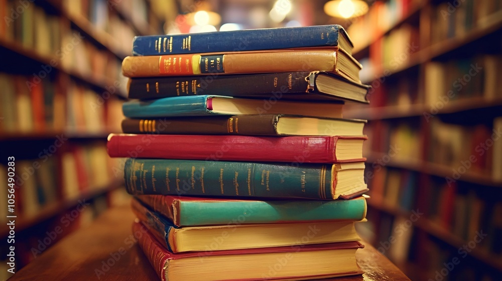 2410 31.A large stack of books sitting on a wooden table, their colorful spines facing outward, representing a collection of knowledge and learning. The surrounding environment features blurred 2410 31.A large stack of books sitting on a wooden table, their colorful spines facing outward, representing a collection of knowledge and learning. The surrounding environment features blurred