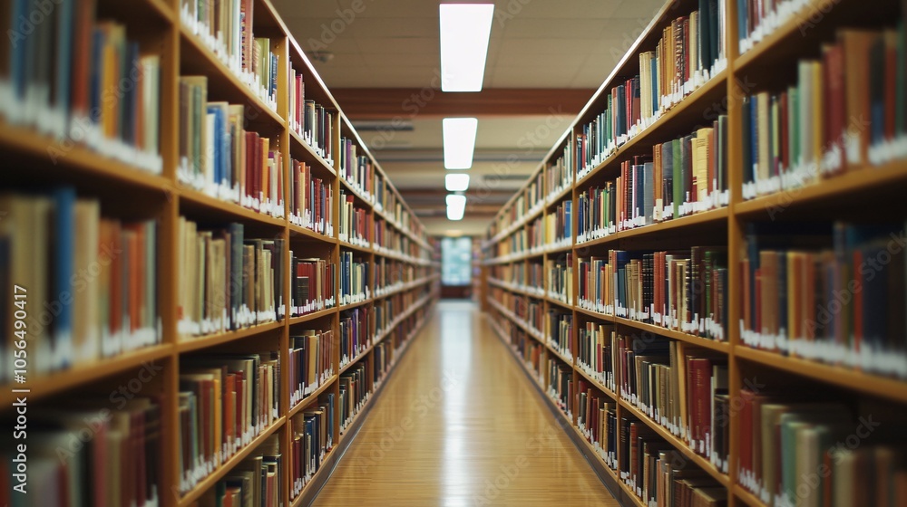 2410 64.A long row of bookshelves filled with a mix of modern and classic literature. The shelves are overflowing with books, creating a dense, intellectual environment that invites curiosity and 2410 64.A long row of bookshelves filled with a mix of modern and classic literature. The shelves are overflowing with books, creating a dense, intellectual environment that invites curiosity and