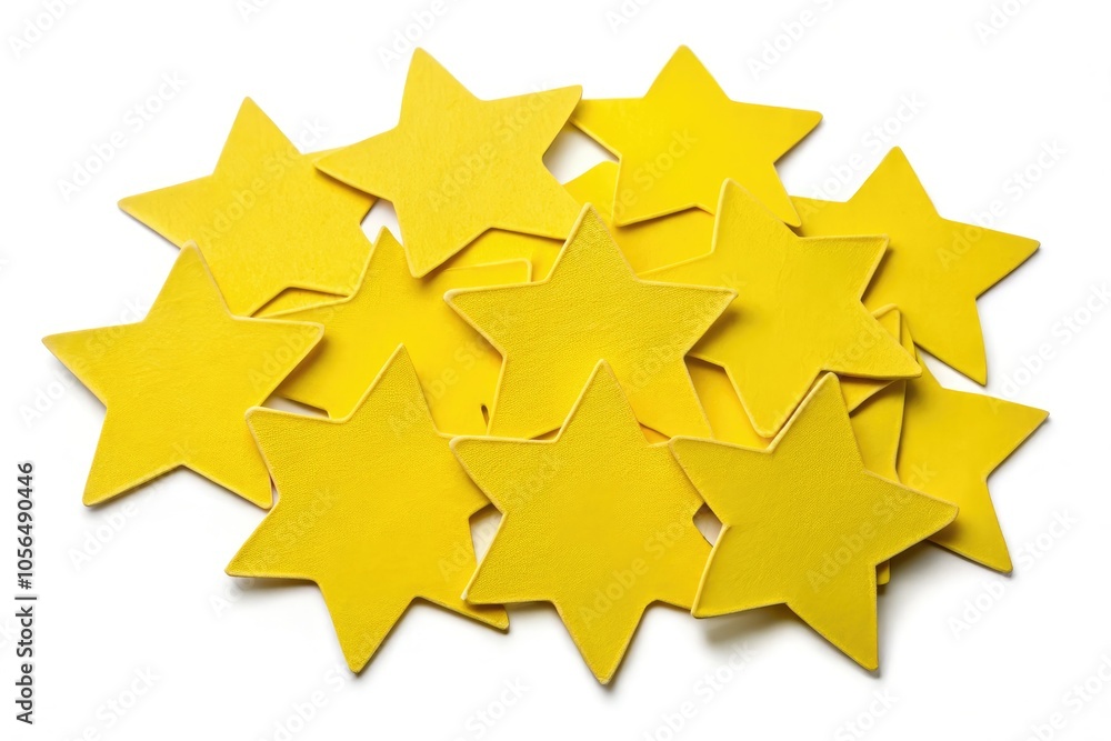 Fototapeta premium Vibrant yellow star-shaped paper stickers, isolated against a white background, suitable for crafting projects. Enhance your artistic endeavors with these cheerful and versatile labels.