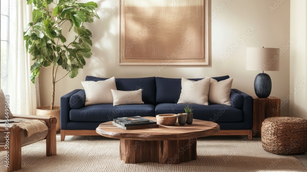 A minimalist living room featuring beige walls, a navy blue sofa, and a solid wood coffee table A minimalist living room featuring beige walls, a navy blue sofa, and a solid wood coffee table