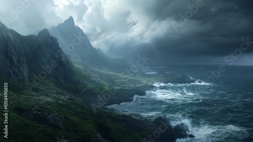 Storm clouds over a rocky coast, with strong winds and rain generative ai