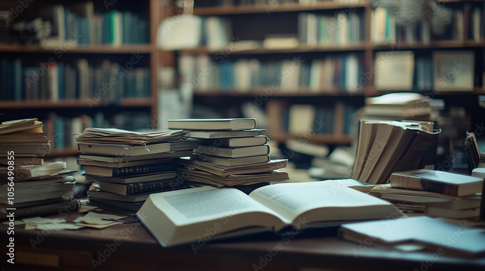 2410 60.A reading desk cluttered with open books, a large textbook lying flat while smaller stacks of literature are neatly piled beside it. In the background, the blurred shelves filled with books
