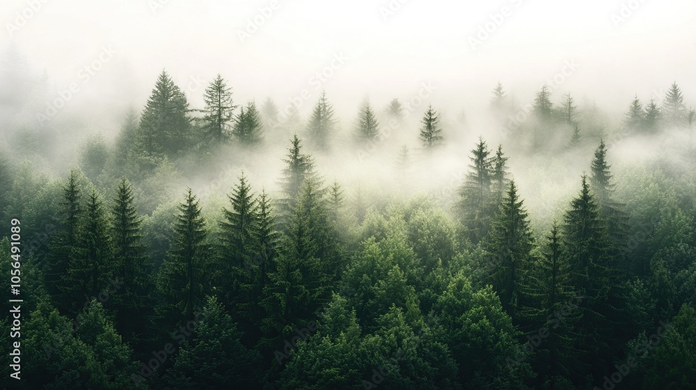 Misty Forest Canopy with Tall Evergreen Trees Misty Forest Canopy with Tall Evergreen Trees