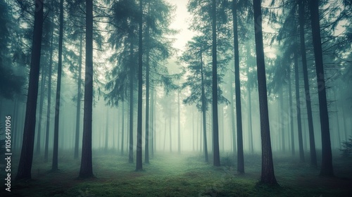 Dense Fog Enveloping Tall Trees in a Mysterious Forest