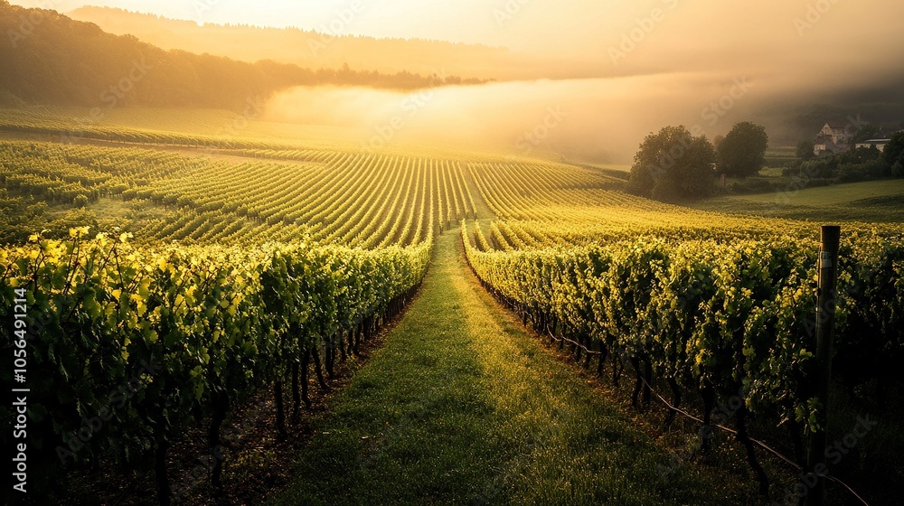 Fototapeta premium Vineyard Rows at Sunrise with Fog and Golden Light