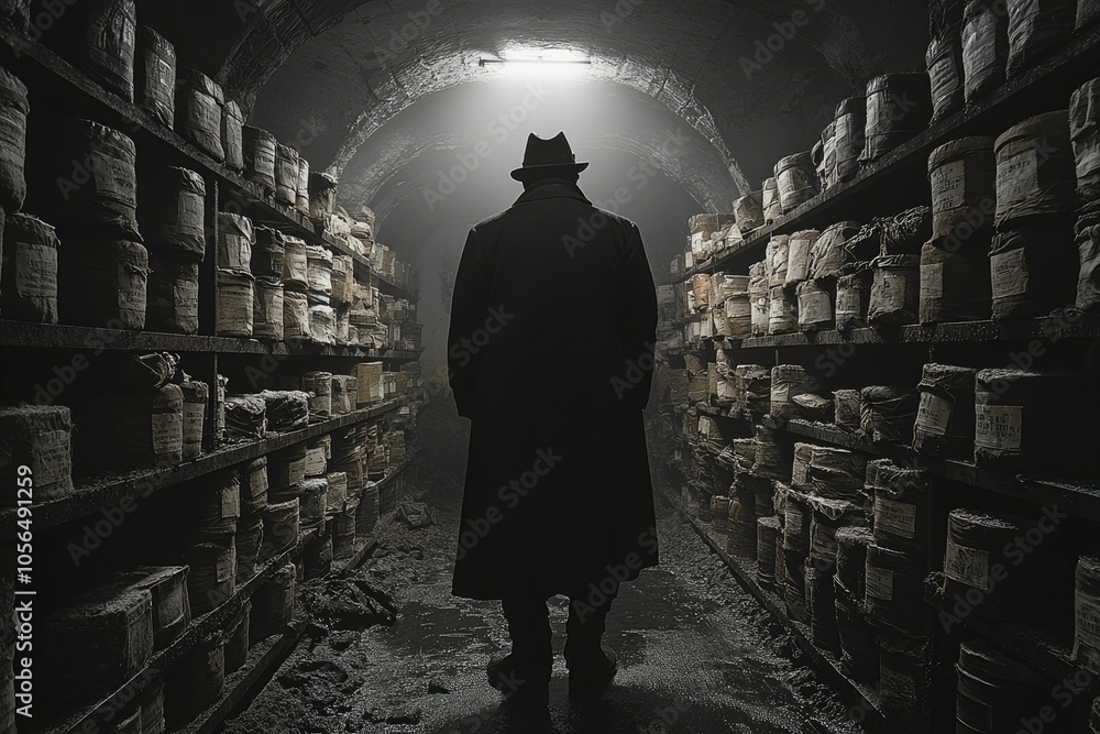 A Man in a Trench Coat Walking Through a Dark, Dusty Tunnel Lined with Shelves A Man in a Trench Coat Walking Through a Dark, Dusty Tunnel Lined with Shelves