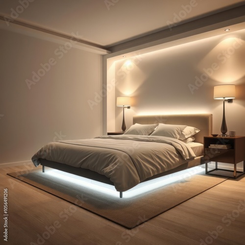 Simple modern bedroom king size bed with hidden led lighting underneath and elegant bedside table master bedroom Ultra realistic 