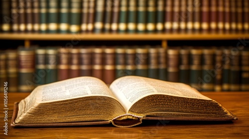 2410 36.A close-up shot of an open book resting on a wooden table, with its pages slightly curled as if recently read. Behind it, blurred bookshelves filled with various books create a scholarly