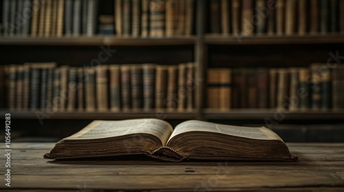 2410 36.A close-up shot of an open book resting on a wooden table, with its pages slightly curled as if recently read. Behind it, blurred bookshelves filled with various books create a scholarly