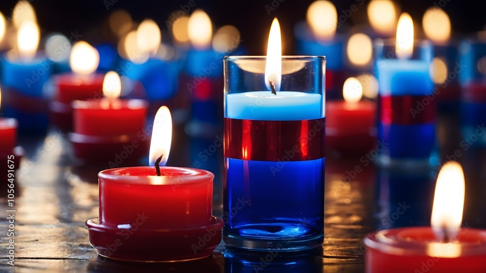 Colorful Candles Lit on a Dark Surface Creating a Vibrant and Serene Atmosphere During an Evening Gathering Colorful Candles Lit on a Dark Surface Creating a Vibrant and Serene Atmosphere During an Evening Gathering